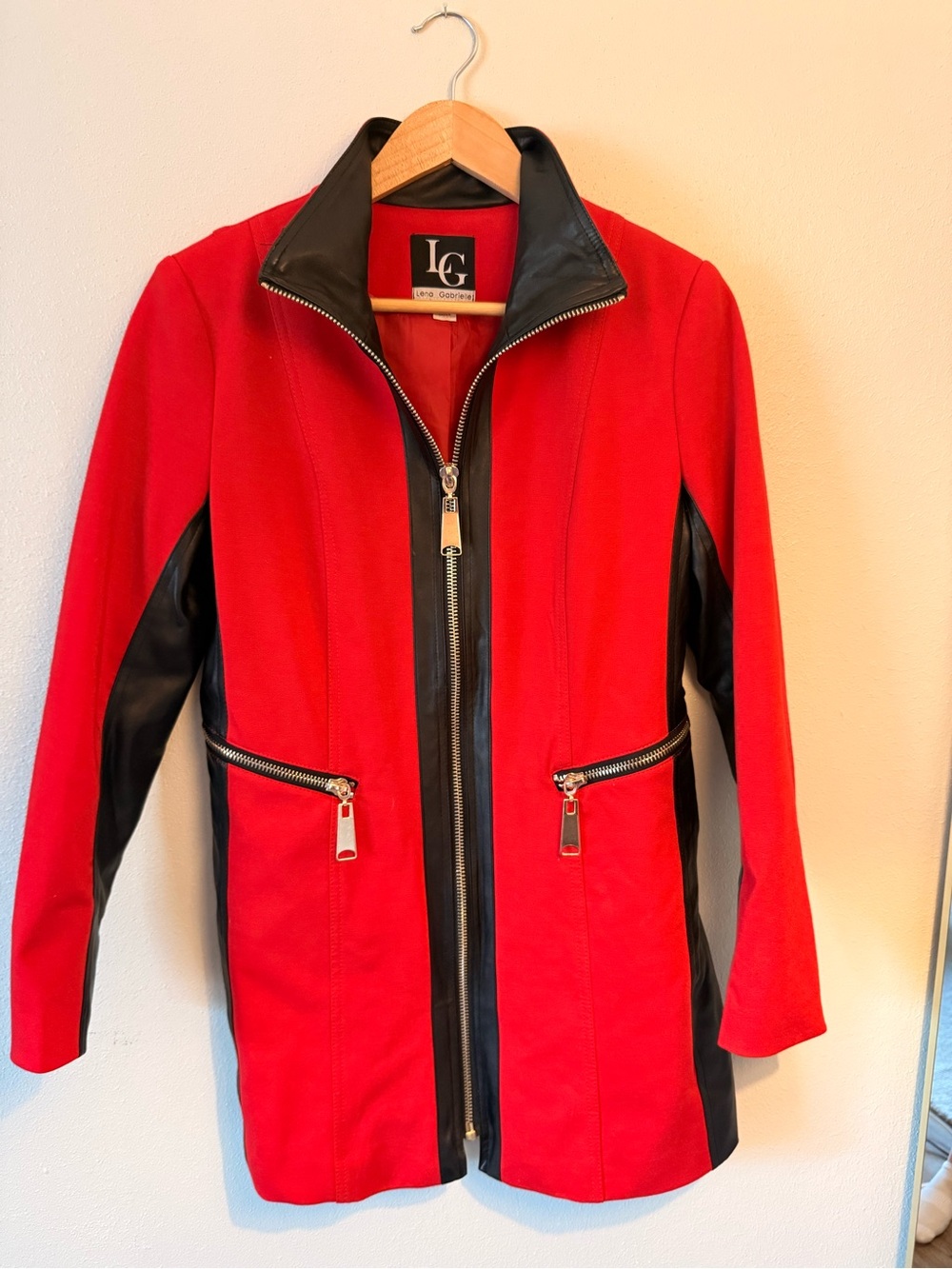 Lena Gabrielle Red and Black Zip-Front Women's blazer-coat faux leather trim